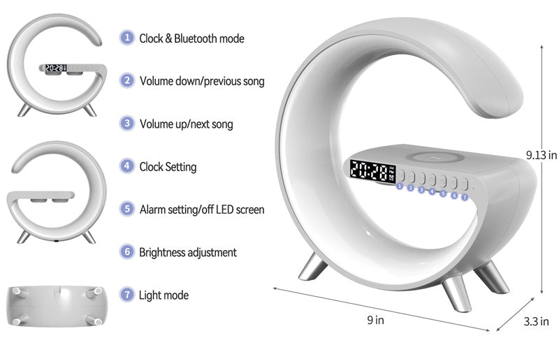 Smart G-Shape LED Lamp with wireless charger and bluetooth speaker